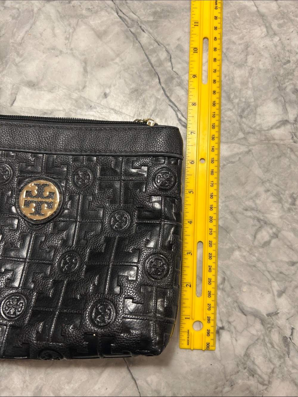 Tory Burch Black embossed leather Logo Pouch with Gold Tory Burch logo Accent. - Picture 11 of 12